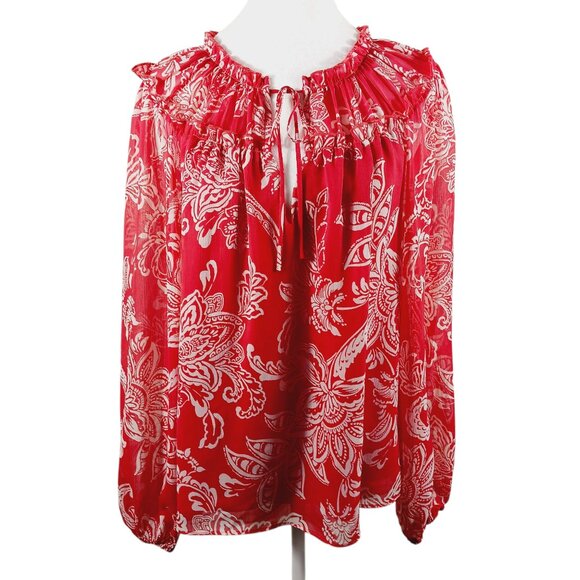 Evereve Tops - Evereve, M Red and White Print Blouse, Long Sleeve, Tie V Neck Small Ruffle Trim